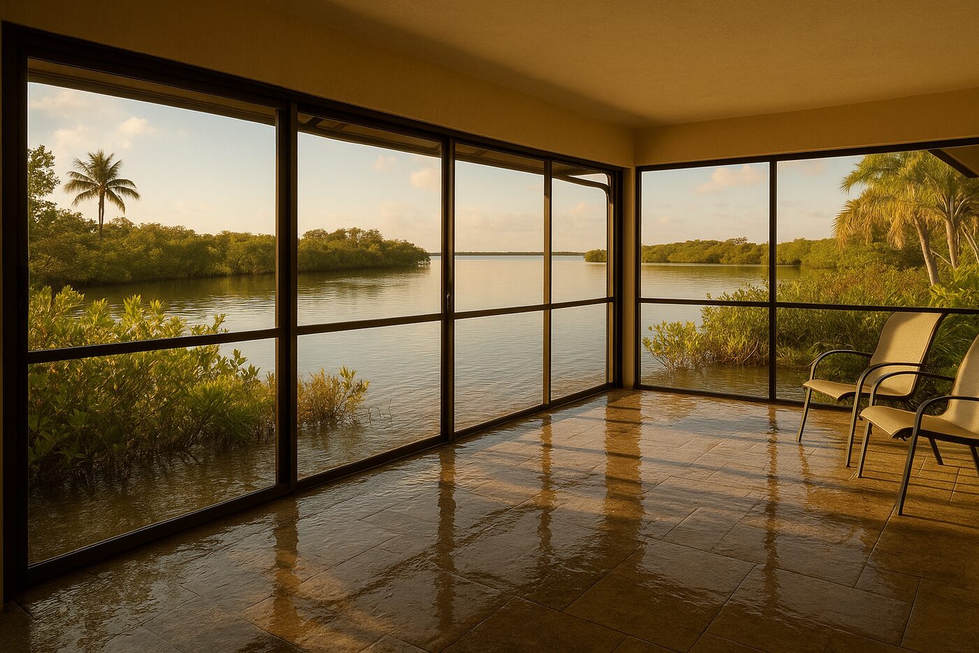 Late‑summer king tide pushing water into a Bonita Springs back‑bay lanai area, wide view of a coastal home’s sliding doors and patio