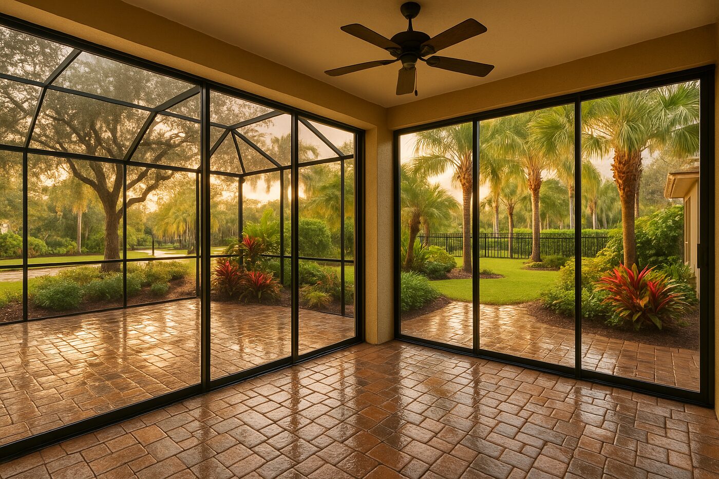 Wide view of a gated Bonita Springs community lanai with multi‑panel sliders, afternoon storm clouds and wet pavers suggesting recent high tide splash