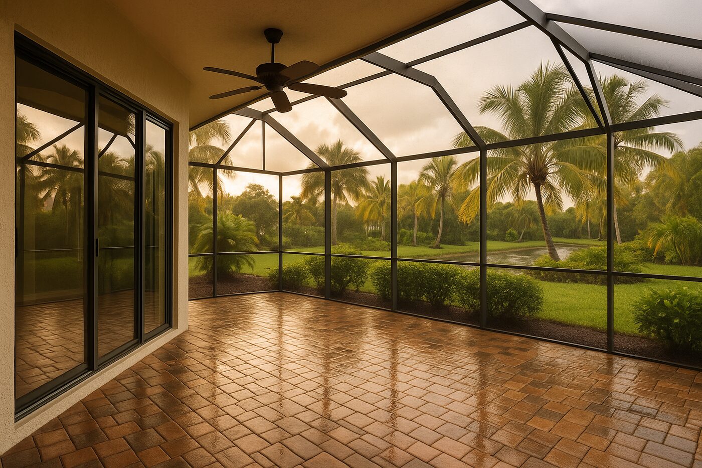 Screened lanai with sliders in coastal Bonita daylight