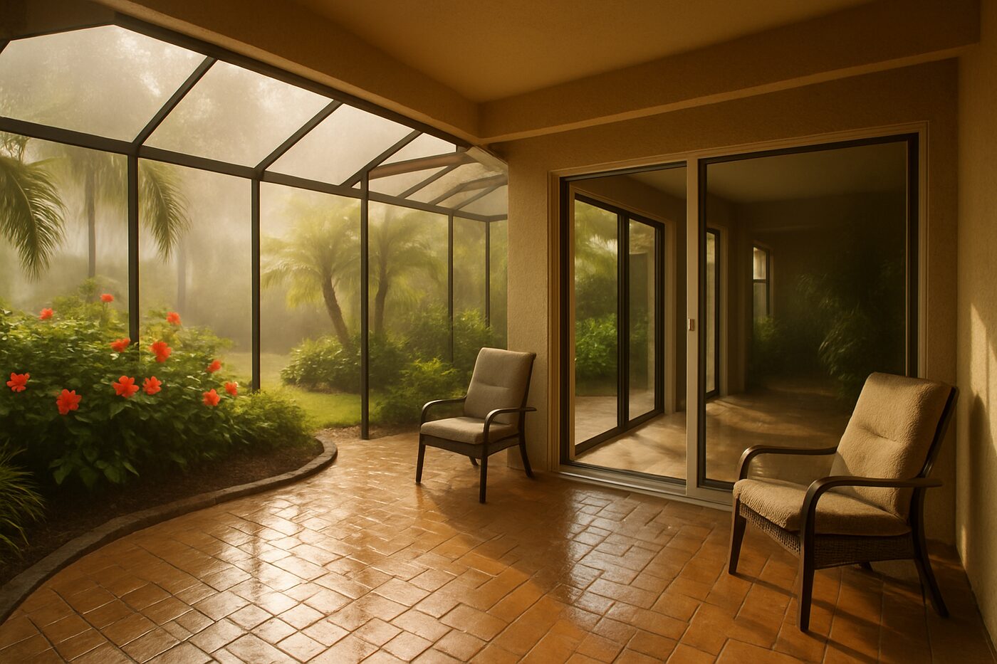Gulf-coast lanai scene after a summer shower