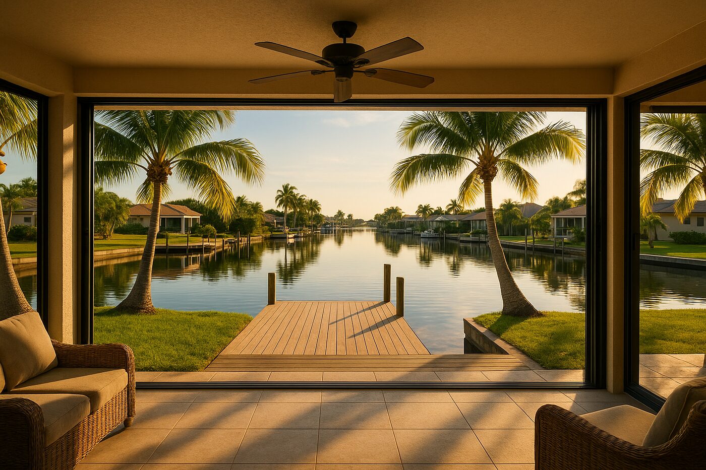 Cape Coral canal-front lanai with sliding doors and dock beyond