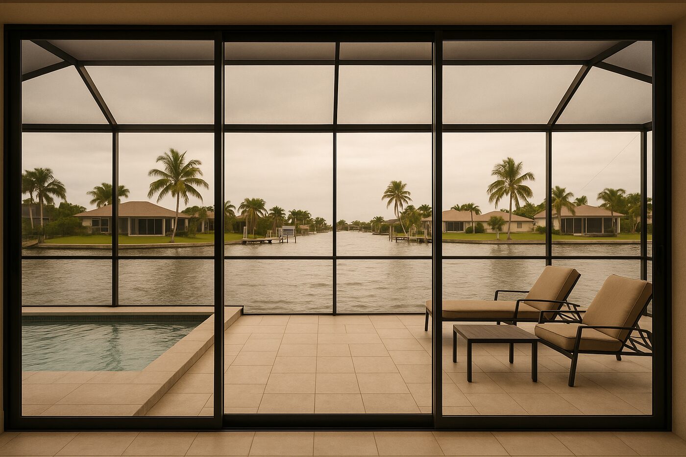 Interior view toward a Cape Coral canal during a high tide, sliders closed