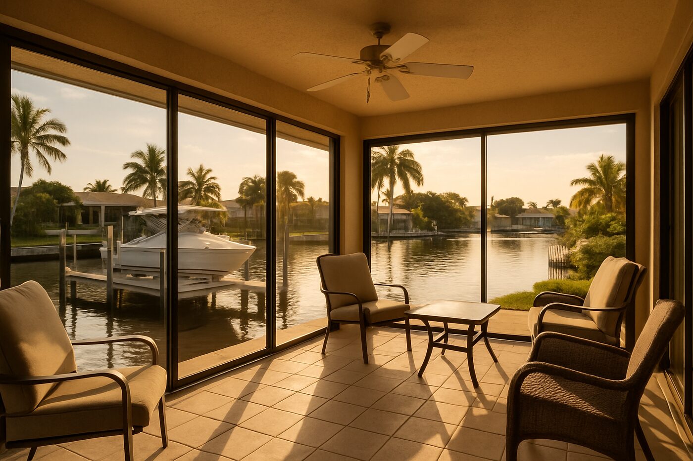 Cape Coral canal-front lanai with large sliding doors and boat dock beyond, warm afternoon light