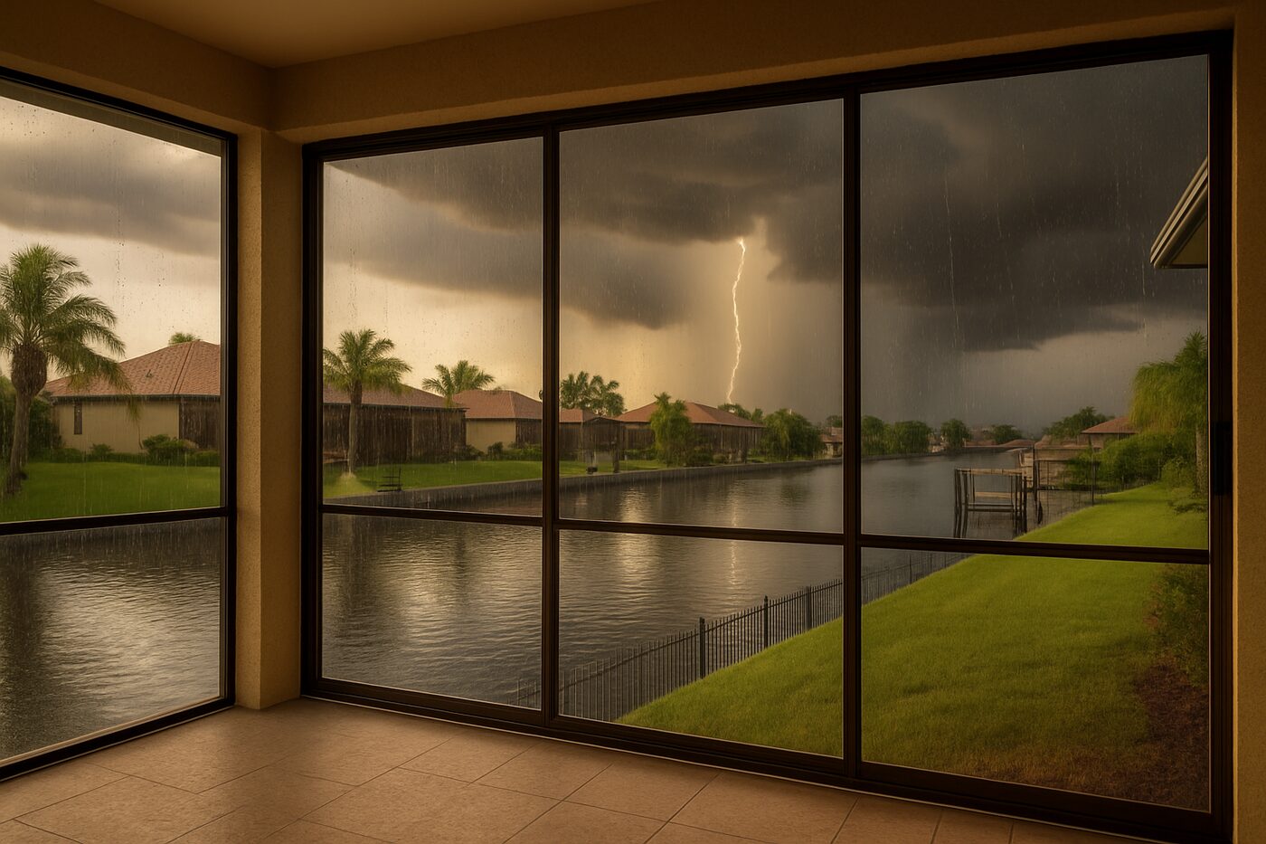 Summer thunderstorm building over a Cape Coral canal behind a lanai with sliding doors