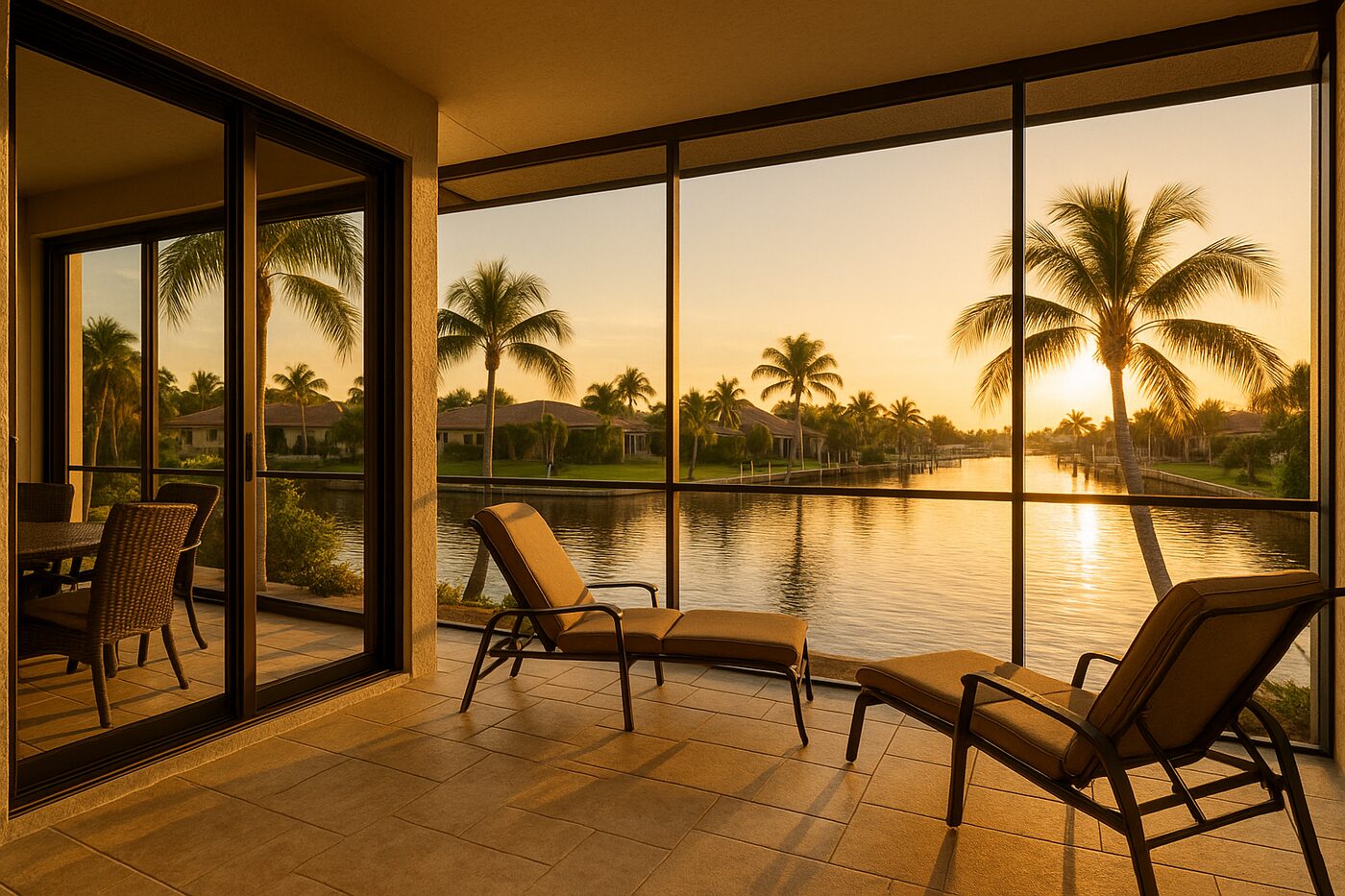 Cape Coral canal-front lanai with sliding glass doors at sunset