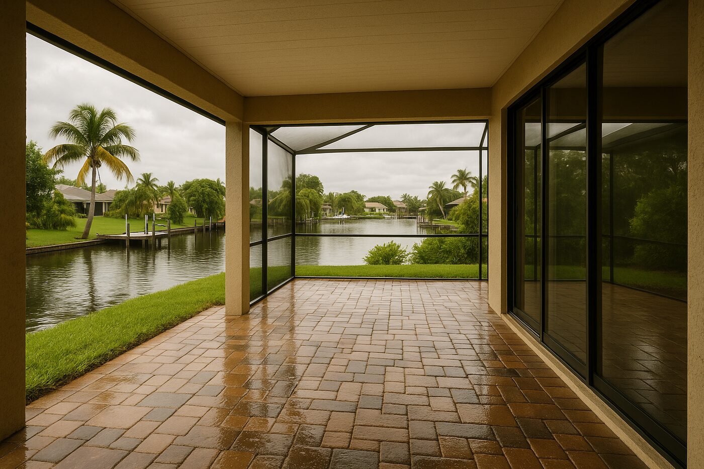Lanai after a summer storm with wet slider threshold on a Cape Coral canal