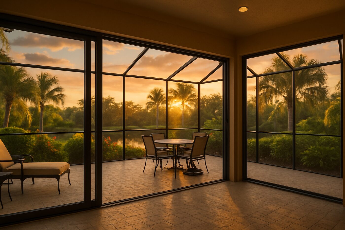 Impact sliders on an Estero lanai at sunset