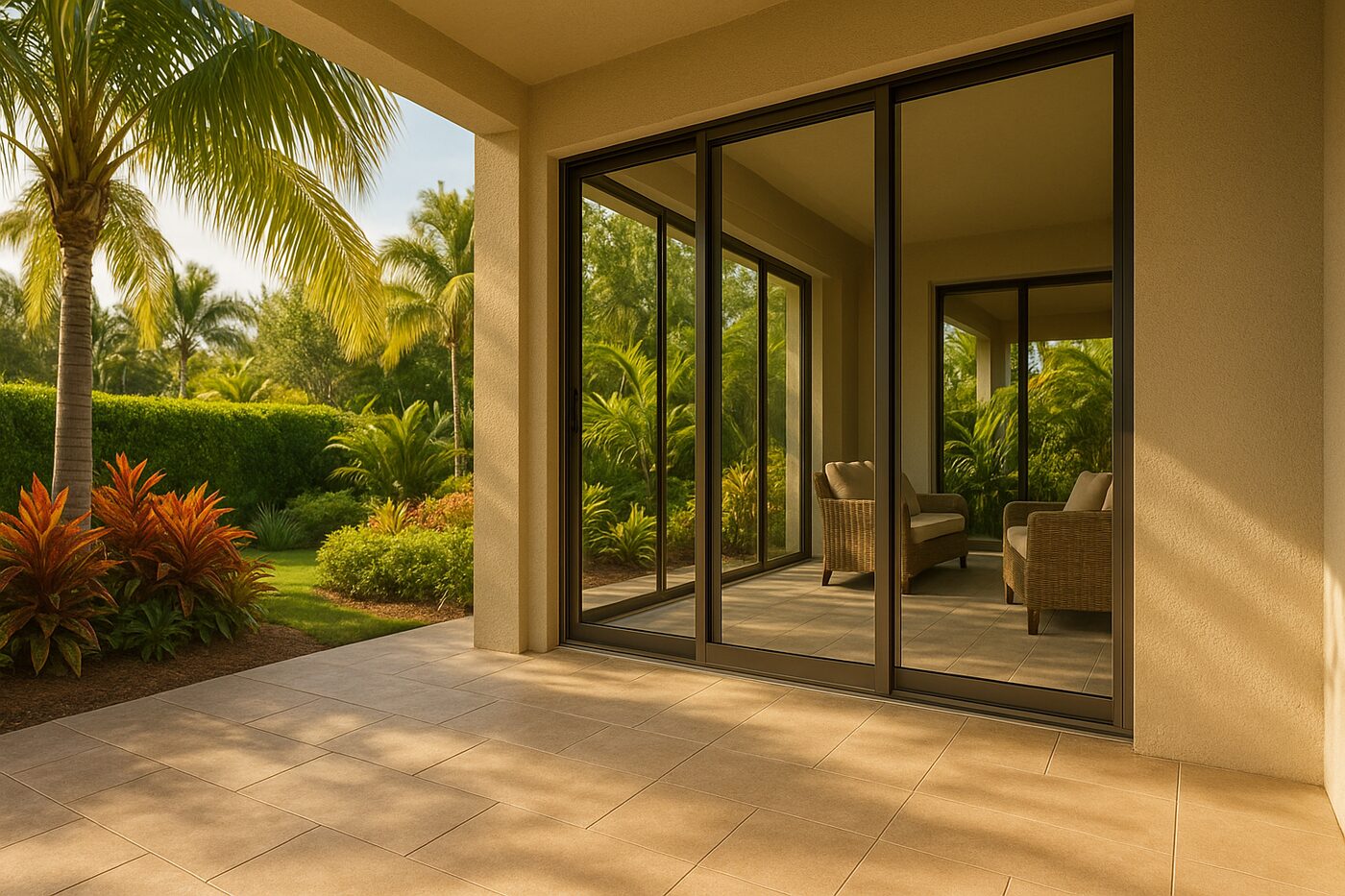 Wide Estero patio with capped track and freshly adjusted impact sliders
