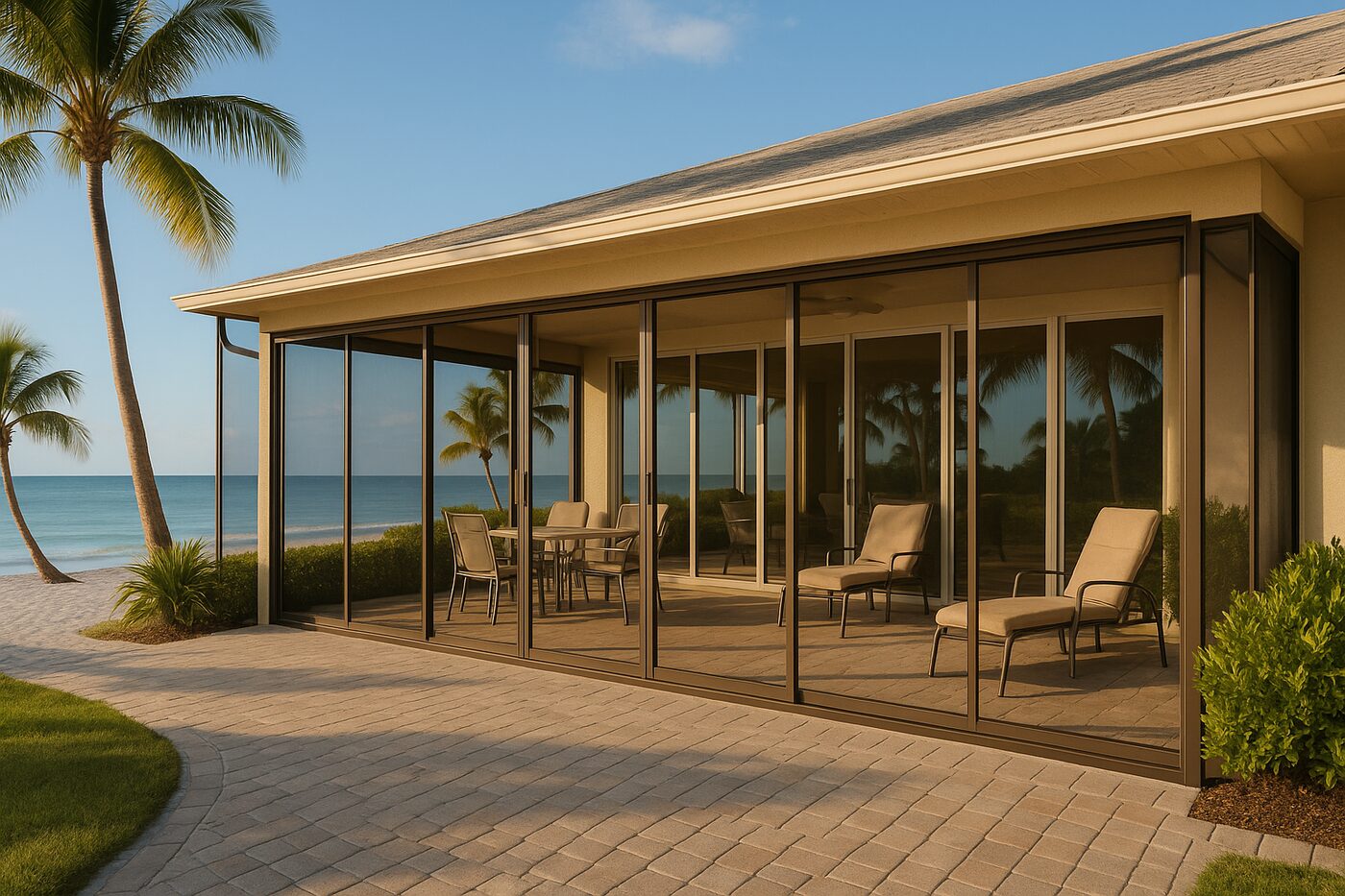 Beachfront patio in Fort Myers Beach with multi‑panel impact slider and screened lanai