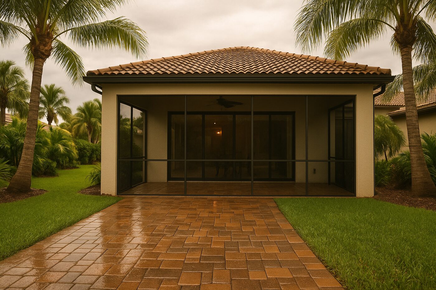 Rainy-season Fort Myers lanai with wet pavers and a wide aluminum slider looking onto palms and the Caloosahatchee corridor light