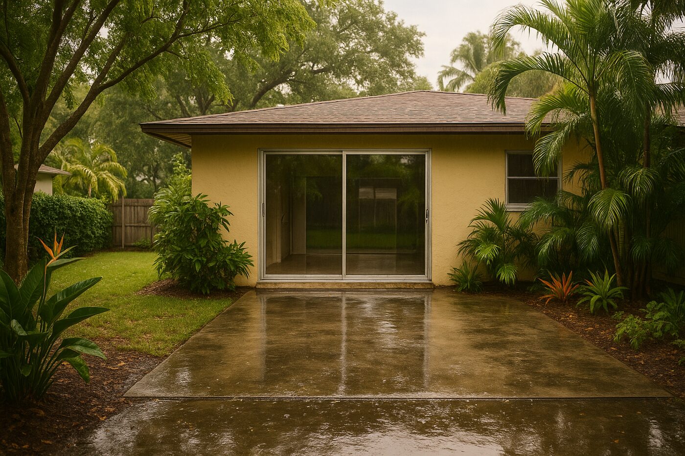 Older McGregor/Whiskey Creek style lanai with an aluminum slider, wet concrete, and lush St. Augustine grass after a storm