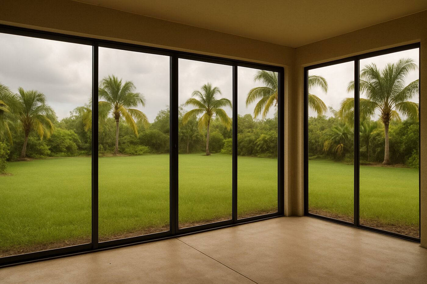 Shaded Fort Myers lanai with classic aluminum sliders opening to a lush backyard, afternoon storm clouds beyond