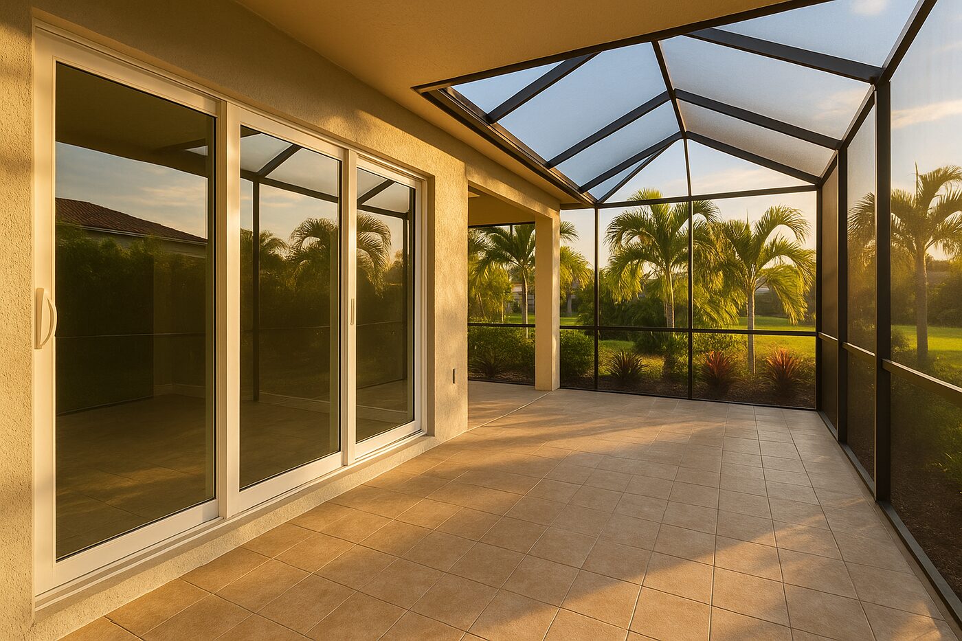 Modern Fort Myers patio with vinyl impact sliders opening to a screened lanai and tropical landscaping in warm evening light