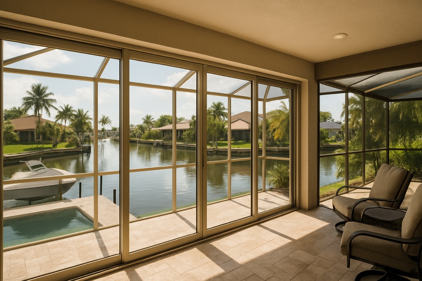 Wide lanai with impact sliders on a Cape Coral canal