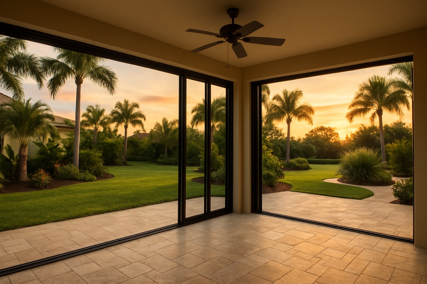 Naples lanai with wide multi‑panel impact sliders at sunset