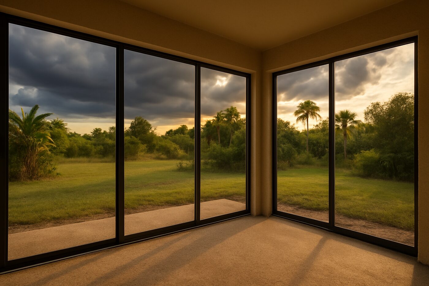 Afternoon storm clouds over a Lehigh Acres lanai with sandy patio and sliding doors