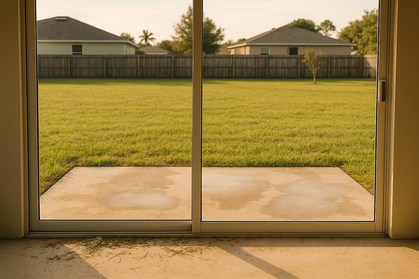 Sandy concrete patio in a Lehigh Acres backyard with aluminum-frame slider and lawn clippings near the track