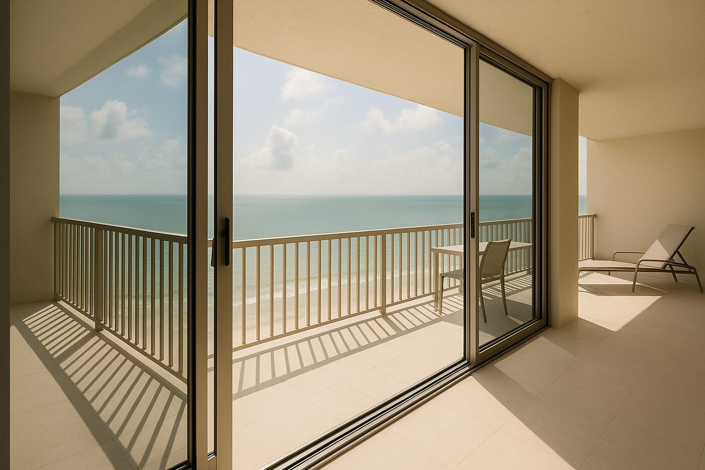 Marco Island high-rise lanai with sliding doors and Gulf view