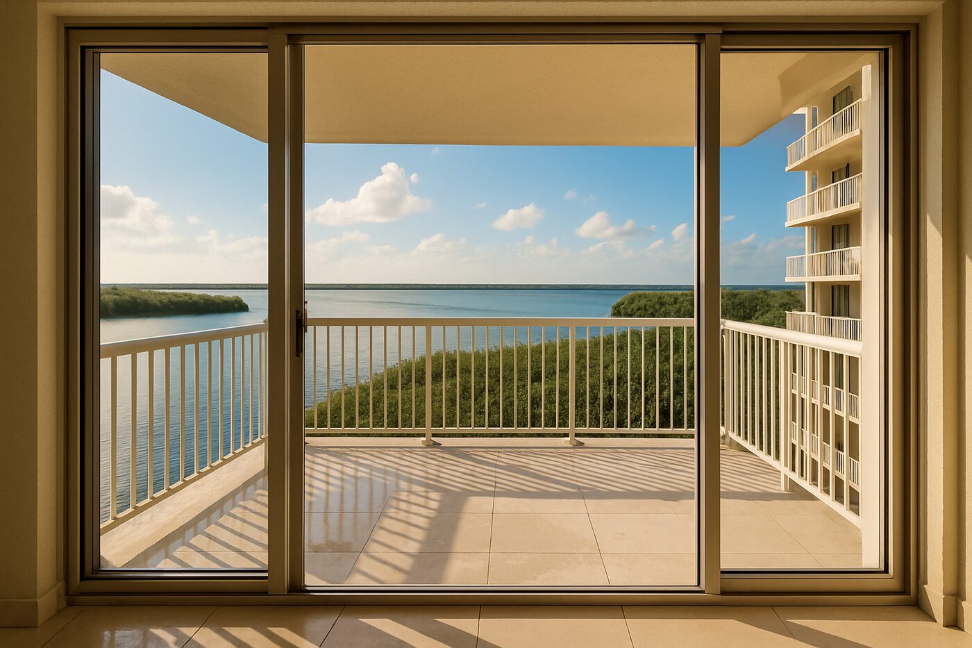 Gulf-facing condo lanai on Marco Island after rain, clean slider track