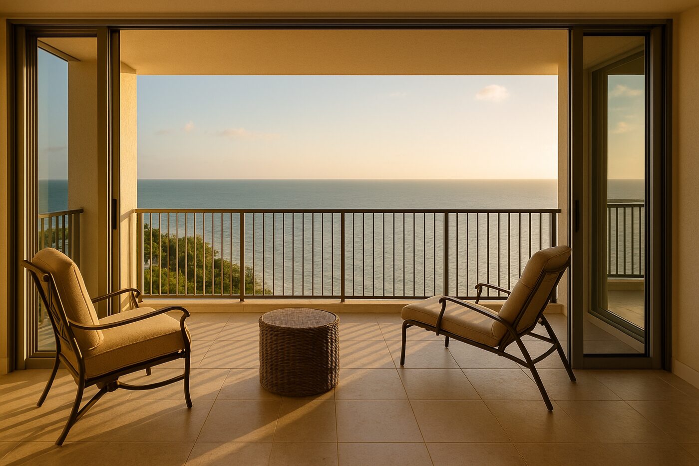Sunlit Naples high‑rise lanai with pocketing sliders and Gulf view