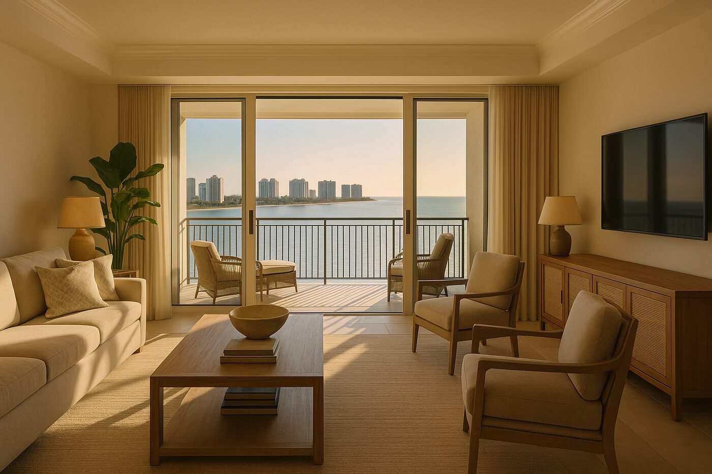 Interior view of a Naples condo living room with a multi‑panel pocketing slider open to a balcony