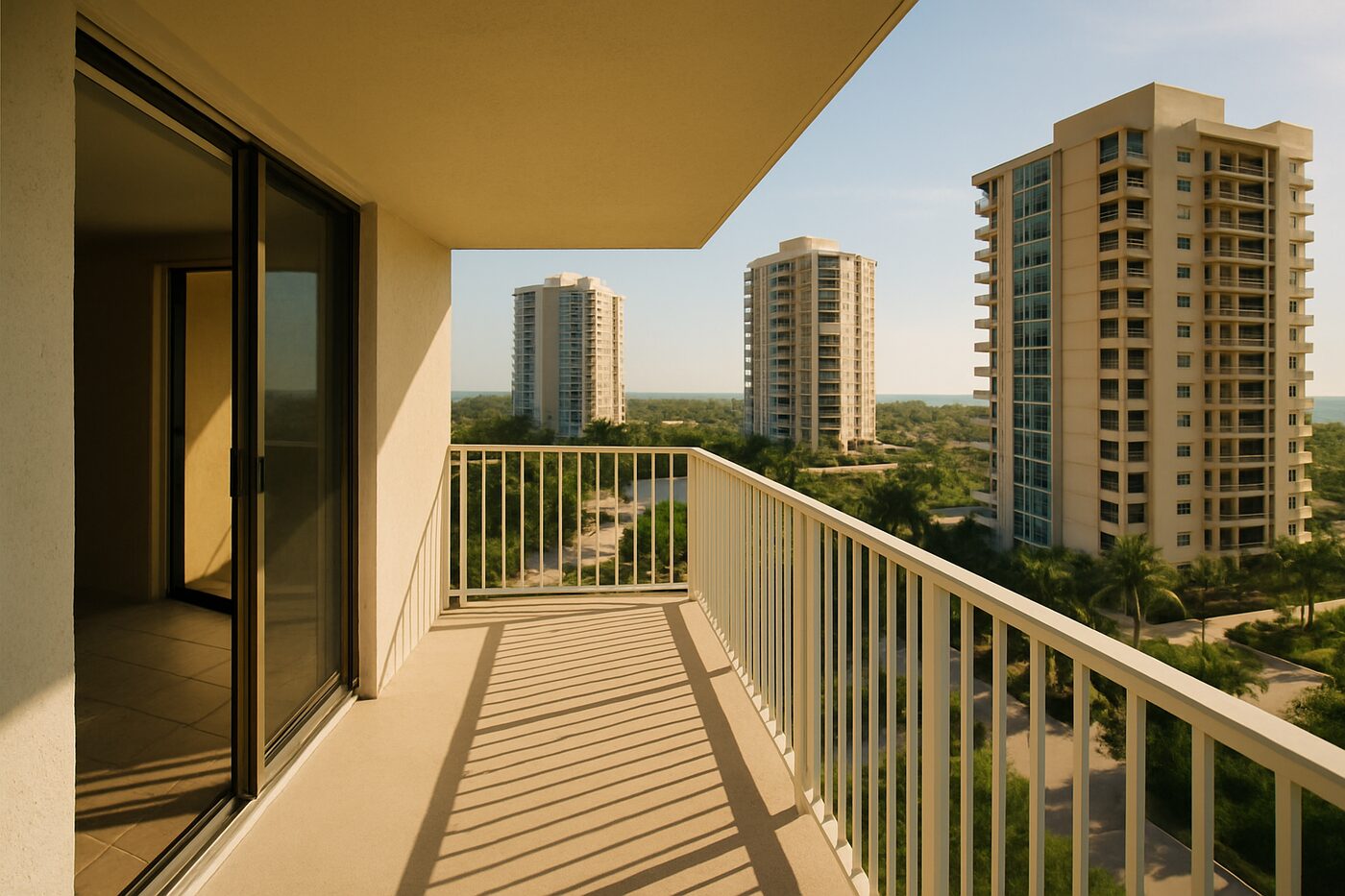 Park Shore tower balcony with sliders and Gulf view
