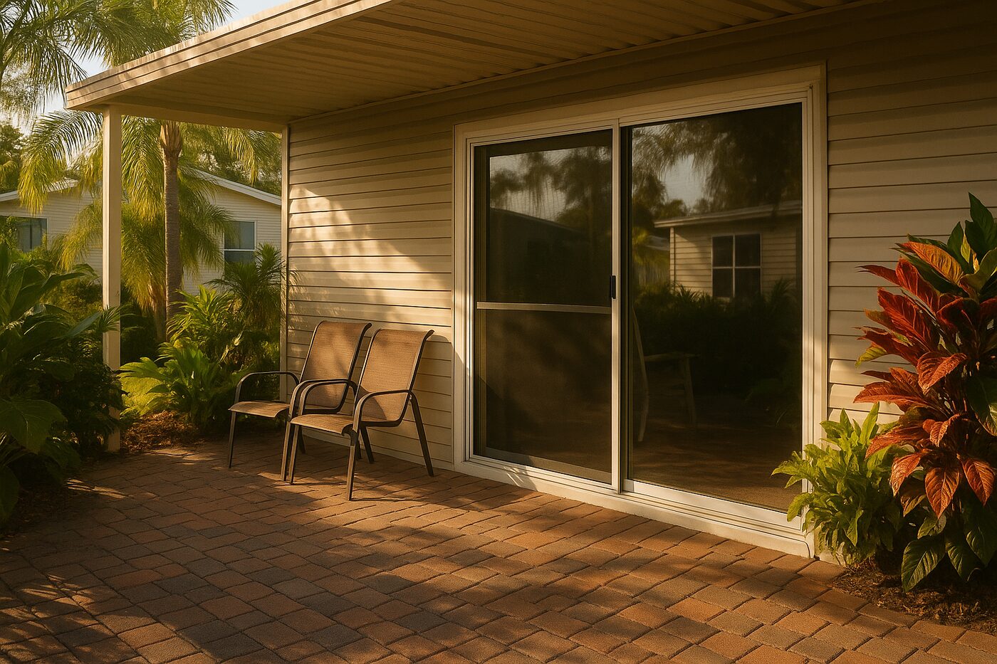 Shaded Florida patio with aluminum slider and screen, manufactured-home setting