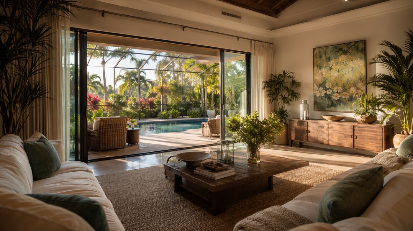 A Florida living room with sliding glass doors open onto a screened lanai and pool