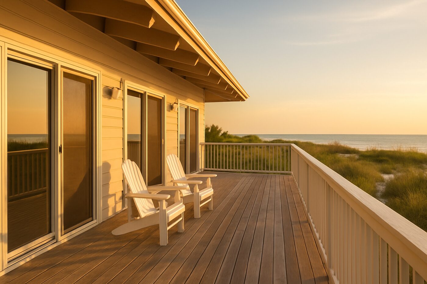 Raised beach house deck with sliders facing Gulf light