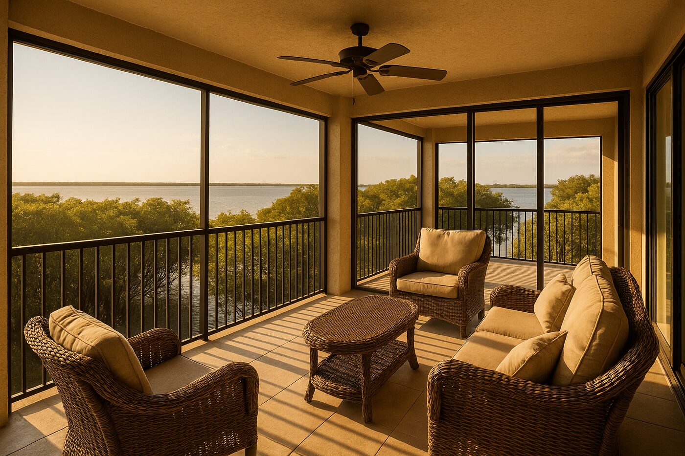 Sanibel lanai with sliding doors facing mangroves