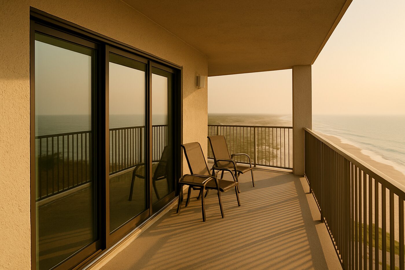 Barrier-island balcony with impact sliders and Gulf haze
