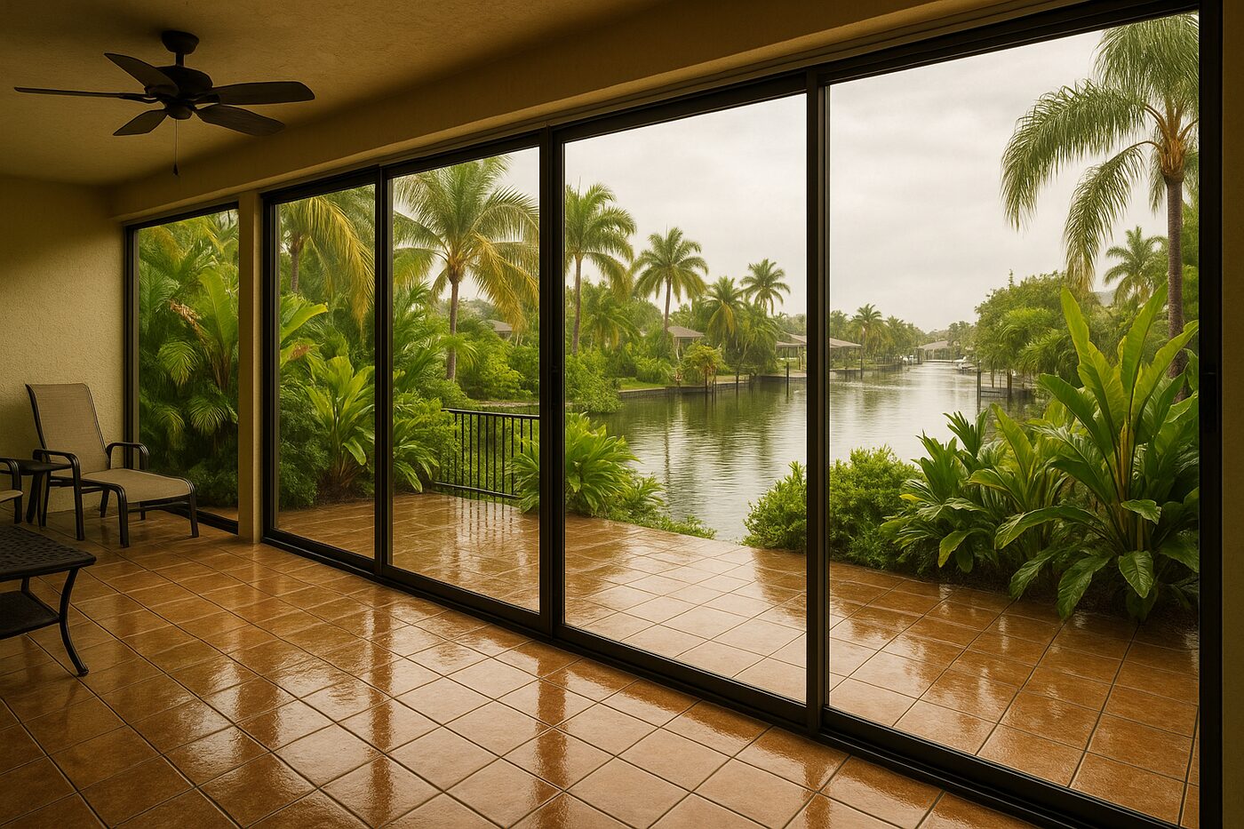 Coastal lanai slider after summer rain in Southwest Florida
