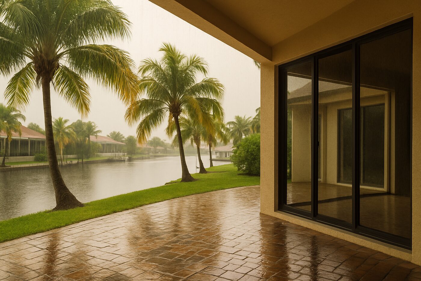 Wide lanai with multi‑panel slider facing a canal in light rain