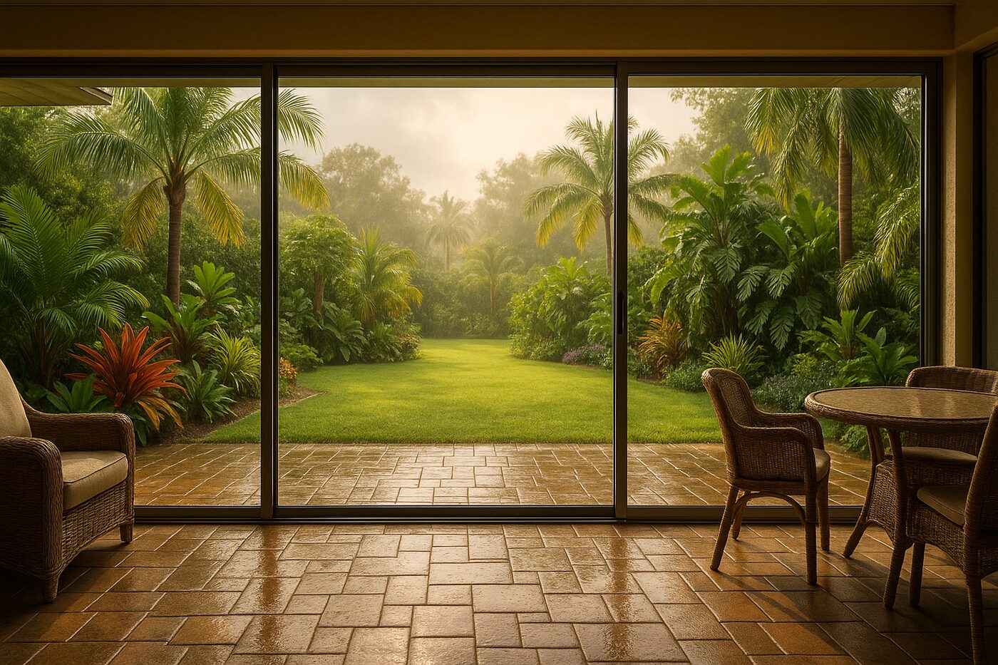 Florida lanai with sliding glass doors and rain-soaked patio