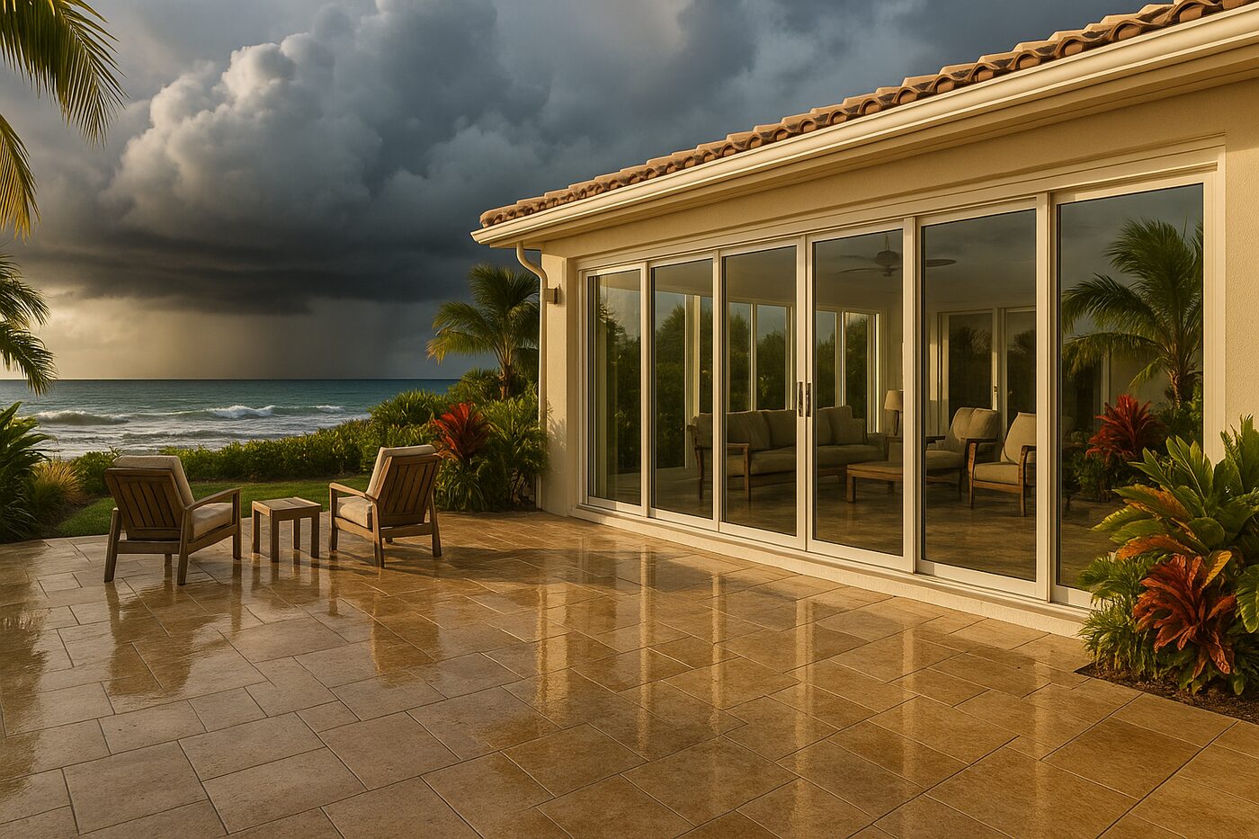 Storm clouds over a Gulf‑side patio with large sliders and a wet deck