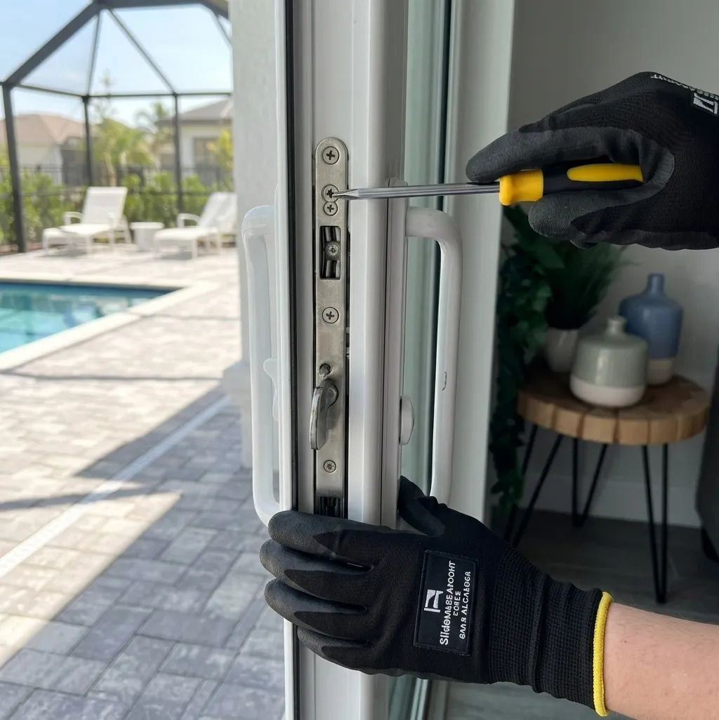Sliding glass door lock and handle mechanism