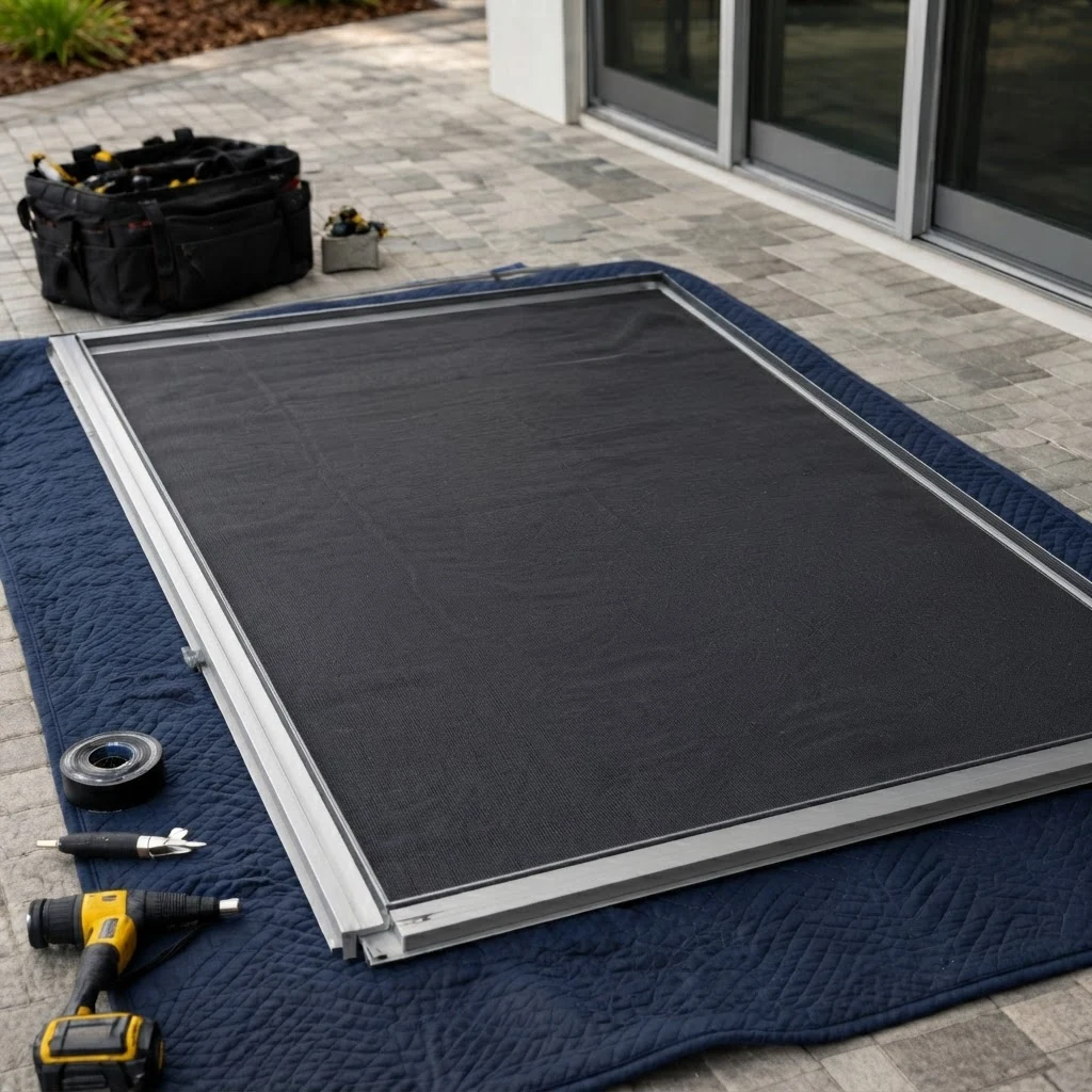 Sliding screen door being rescreened