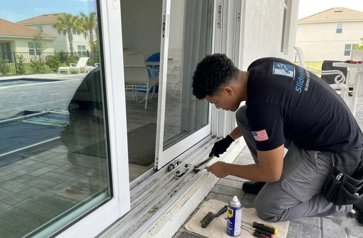 Damaged sliding door track being repaired
